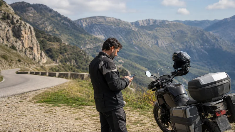 Motorcyclist checking a smartphone beside a parked motorcycle in Bulgaria