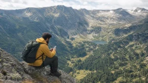 Traveller checking a smartphone in a Bulgarian national park