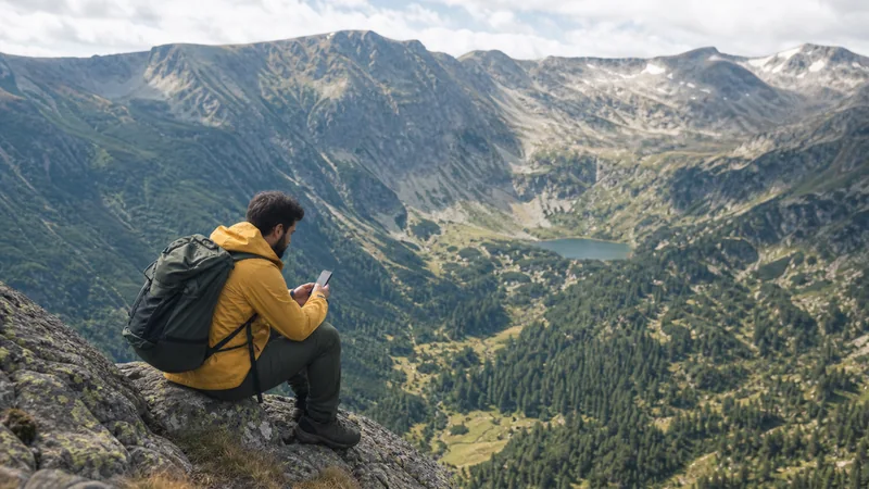 Traveller checking a smartphone in a Bulgarian national park