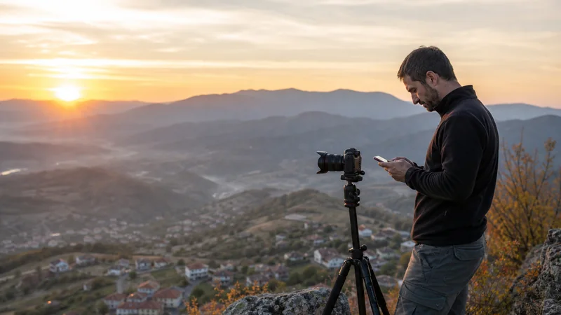 Travel photographer reviewing a smartphone beside a camera in Bulgaria
