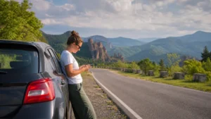 Road-trip traveller checking a smartphone beside a parked car in Bulgaria