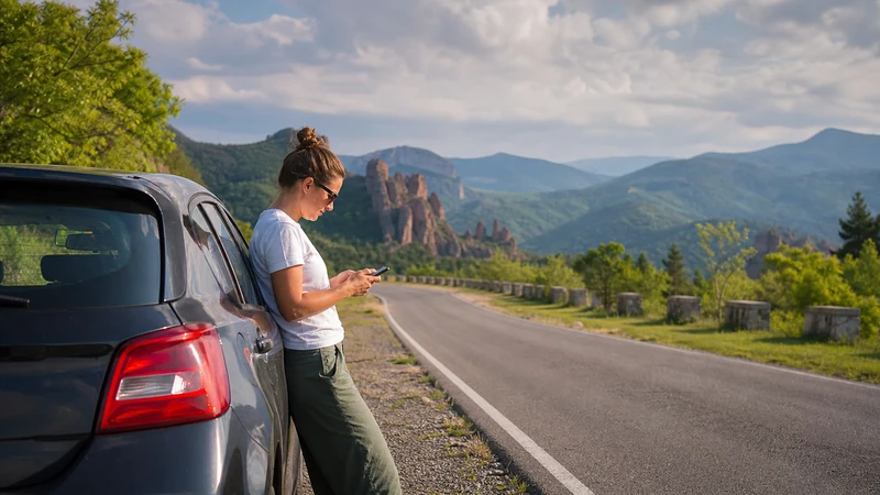 Road-trip traveller checking a smartphone beside a parked car in Bulgaria