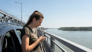 Traveller using a smartphone during bulgaria to romania mobile internet and intercity bus connectivity guide in Romania.