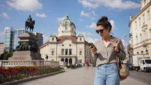 Weekend traveller checking a smartphone in central Sofia