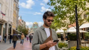 Solo traveller checking a smartphone on a street in Sofia