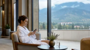 Spa traveller checking a smartphone at a Bulgarian wellness hotel