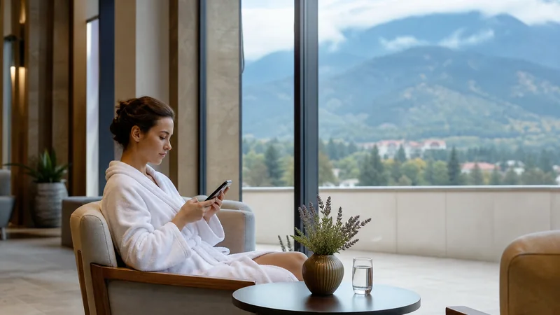 Spa traveller checking a smartphone at a Bulgarian wellness hotel