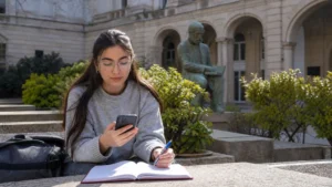 Student traveller using a smartphone and notebook in Bulgaria