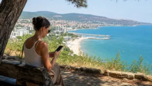 Summer traveller checking a smartphone above Bulgaria’s Black Sea coast