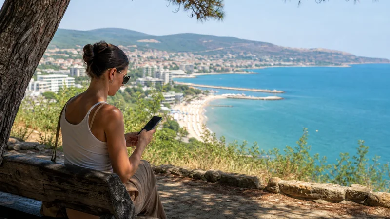 Summer traveller checking a smartphone above Bulgaria’s Black Sea coast