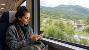 Passenger using a smartphone beside a train window in Bulgaria