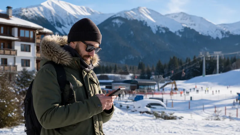 Winter traveller checking a smartphone at a Bulgarian ski resort