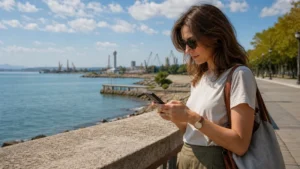 Traveller checking a smartphone beside Burgas Sea Garden