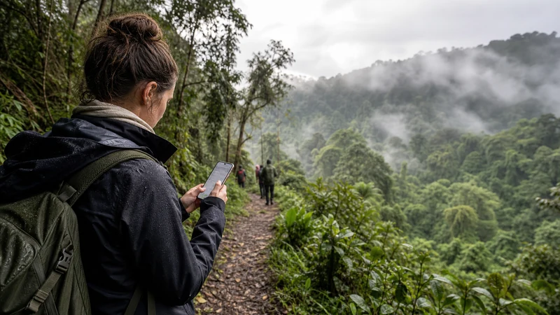 Traveller checking a smartphone on a misty forest trail in Bwindi.