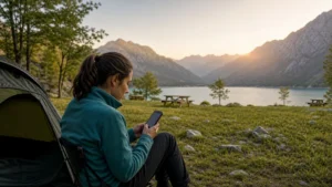 Traveller using a smartphone during camping in bosnia and herzegovina in Bosnia and Herzegovina.