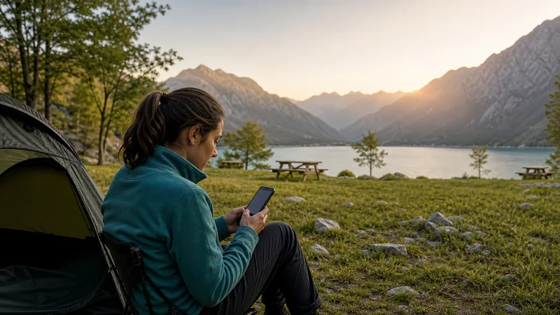 Traveller using a smartphone during camping in bosnia and herzegovina in Bosnia and Herzegovina.
