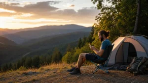 Camper using a smartphone outside a tent in Bulgaria
