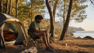Traveller using a smartphone while exploring camping in cyprus