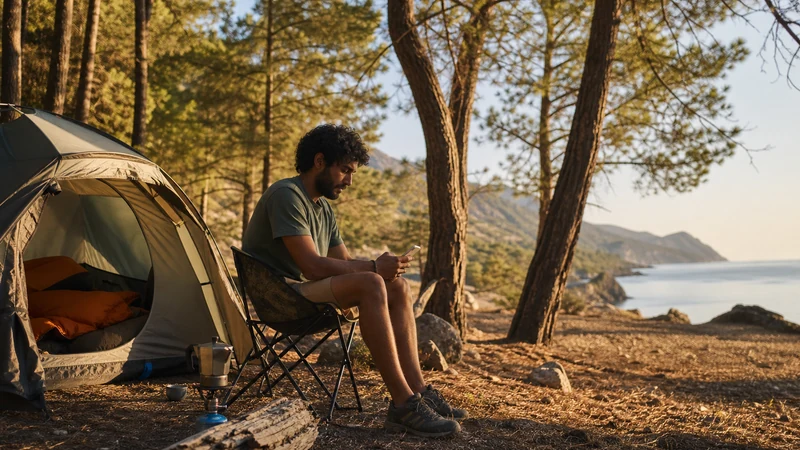 Traveller using a smartphone while exploring camping in cyprus