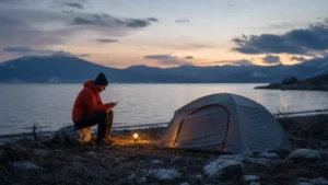 Traveller using a smartphone during camping in north macedonia in North Macedonia.