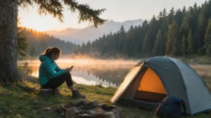 Traveller using a smartphone during camping in romania in Romania.