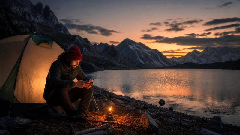 Traveller using a smartphone during camping in serbia in Serbia.