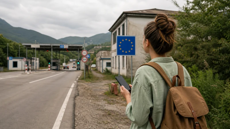 European traveller checking a smartphone near a Bulgarian border crossing