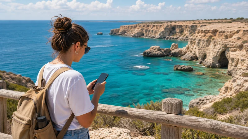 Traveller using a smartphone while exploring cape greco mobile internet