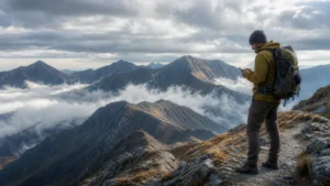Traveller using a smartphone during mobile internet in carpathian mountains in Romania.