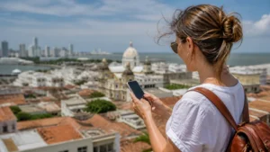 Traveller using a smartphone in Colombia for how to stay online in cartagena