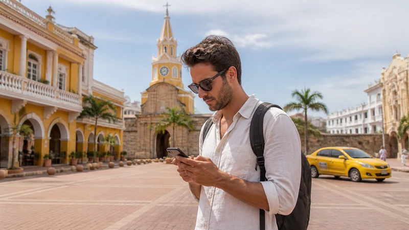 Traveller using a smartphone in Colombia for what to expect from mobile internet in santa marta