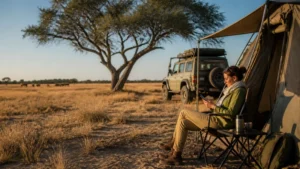 Remote Kalahari camp with traveller and smartphone.