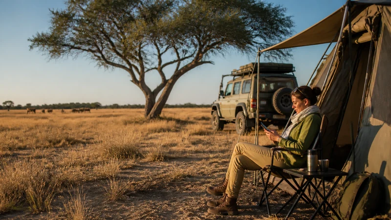 Remote Kalahari camp with traveller and smartphone.