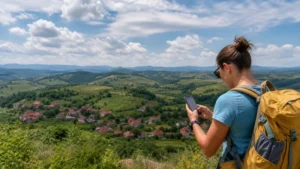 Traveller using a smartphone while travelling through Central Serbia.