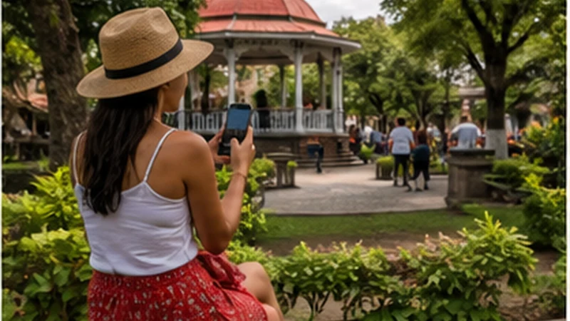 Traveller using a smartphone in El Salvador while researching mobile internet around cerro verde