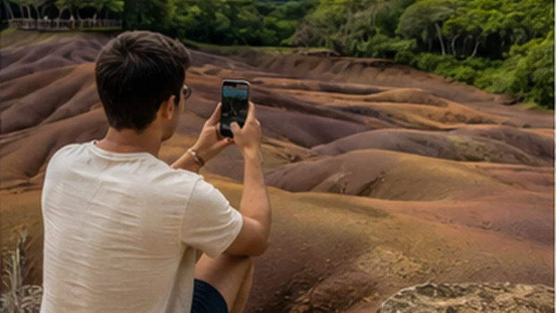 Traveller using a smartphone in Mauritius while researching mobile internet in chamarel