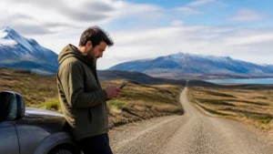Traveller using a smartphone in Chile for mobile data near the chile–argentina border