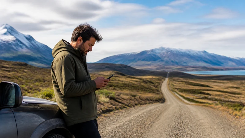 Traveller using a smartphone in Chile for mobile data near the chile–argentina border