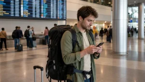 Traveller using a smartphone in Chile for mobile internet for backpacking around chile