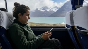 Traveller using a smartphone in Chile for using maps and mobile data on chile’s long-distance buses
