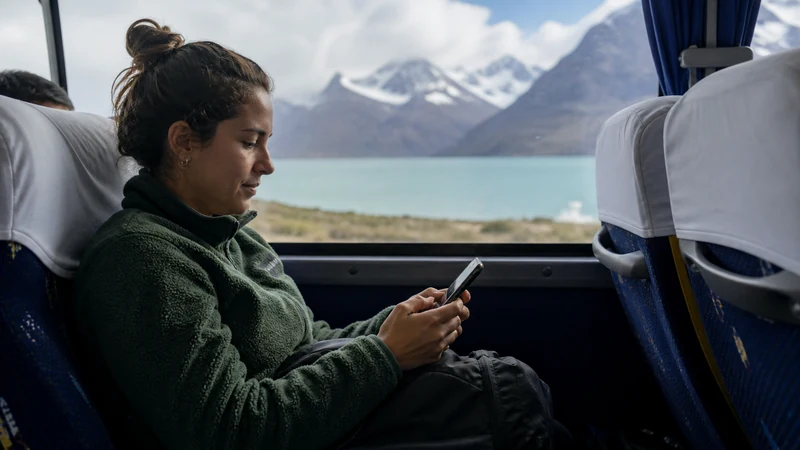 Traveller using a smartphone in Chile for using maps and mobile data on chile’s long-distance buses