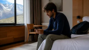Traveller using a smartphone in Chile for staying connected during a longer visit to chile