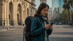 Traveller using a smartphone in Chile for mobile data for a trip through chilean patagonia