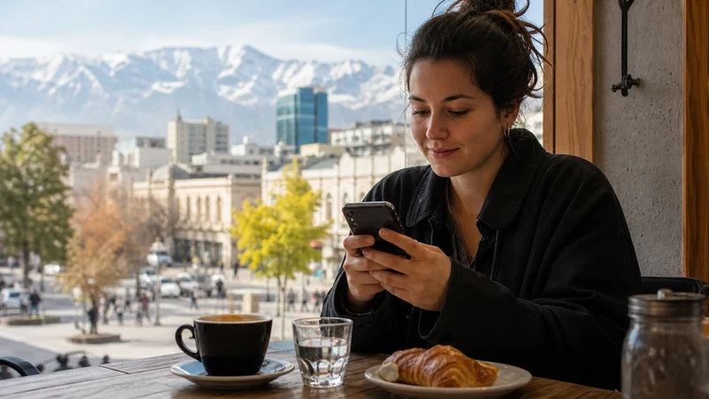 Traveller using a smartphone in Chile for mobile internet for photographing chile