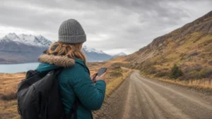 Traveller using a smartphone in Chile for mobile coverage beyond chile’s main cities