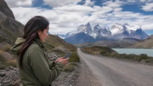 Traveller using a smartphone in Chile for how to prepare your phone for a chile road trip