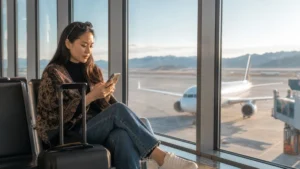 Traveller using a smartphone in Mongolia for chinggis khaan airport esim setup