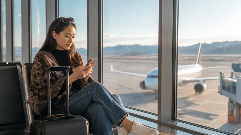 Traveller using a smartphone in Mongolia for chinggis khaan airport esim setup
