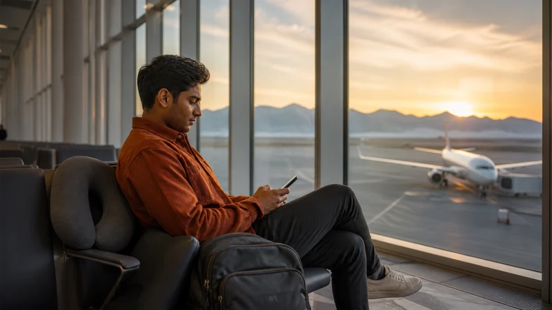 Traveller using a smartphone in Mongolia for chinggis khaan airport transit internet