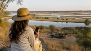 Traveller with phone overlooking Chobe river.